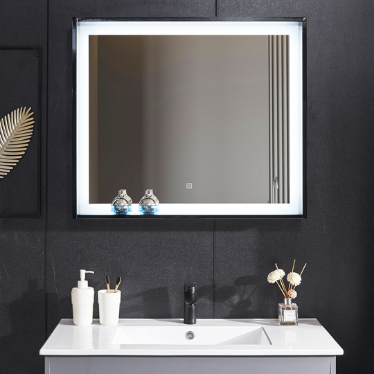 Badrumsspegel 80x68cm med inbyggd LED-belysning - Svart ram