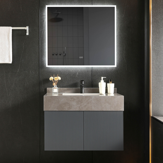 Badrumspaket 100cm | Tålig sintrad sten | LED-spegel | Cirrus Grey