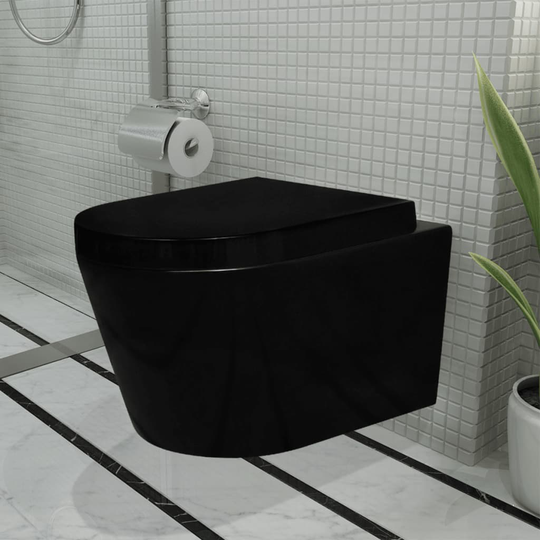 Vägghängd toalett av keramik WC badrum svart med dold cistern
